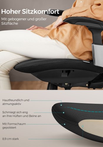 SONGMICS OBN068B01 Ergonomisk justerbar kontorsstol med justerbar lutningsfunktion - Justerbar sits fram eller bak - St&ouml;der upp till 150 kg - Bl&auml;cksvart