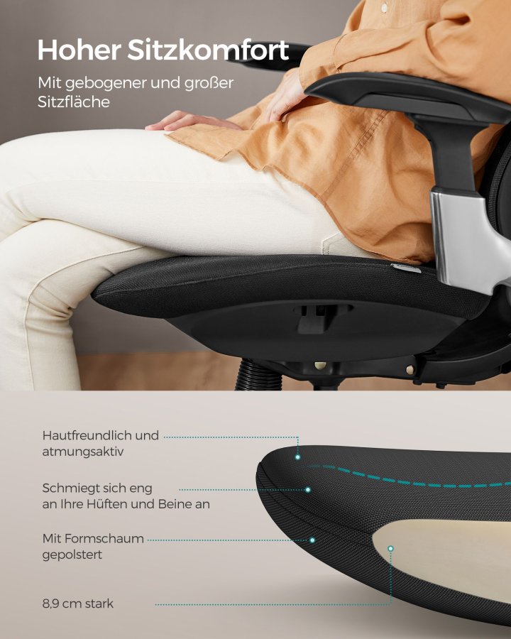 SONGMICS OBN068B01 Ergonomisk justerbar kontorsstol med justerbar lutningsfunktion - Justerbar sits fram eller bak - St&ouml;der upp till 150 kg - Bl&auml;cksvart