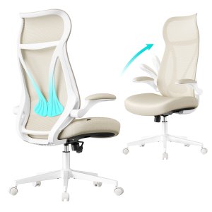 SONGMICS OBN088K01 Kontorsstol, Skrivbordsstol, Ergonomiskt ryggst&ouml;d, H&ouml;jdjusterbart, Hopf&auml;llbara armst&ouml;d, Snurrstol med nackst&ouml;d, Maximal belastning 150 kg, Cappuccino Beige