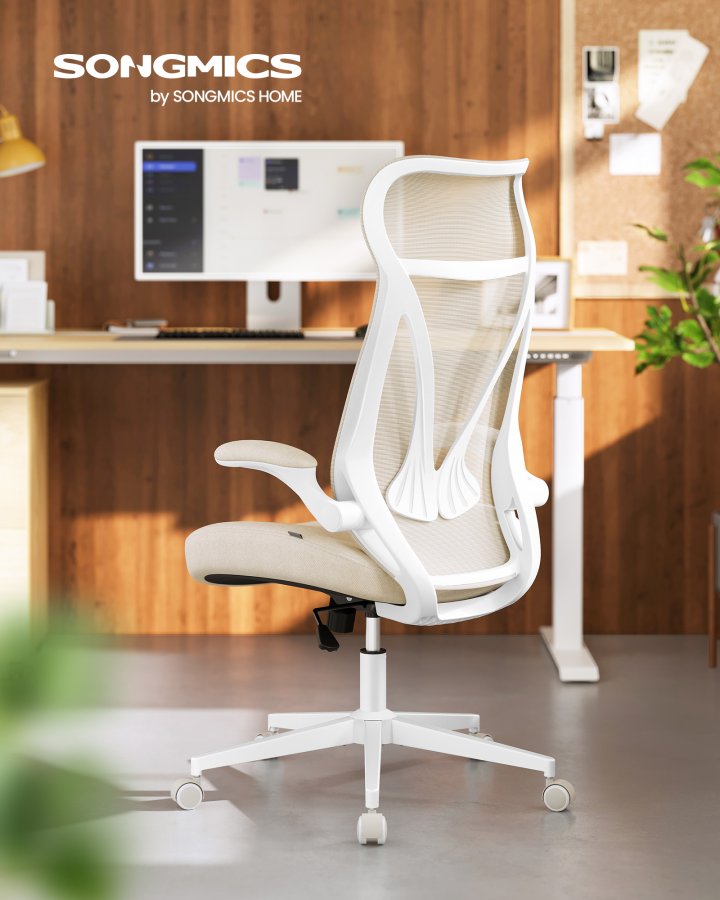 SONGMICS OBN088K01 Kontorsstol, Skrivbordsstol, Ergonomiskt ryggst&ouml;d, H&ouml;jdjusterbart, Hopf&auml;llbara armst&ouml;d, Snurrstol med nackst&ouml;d, Maximal belastning 150 kg, Cappuccino Beige