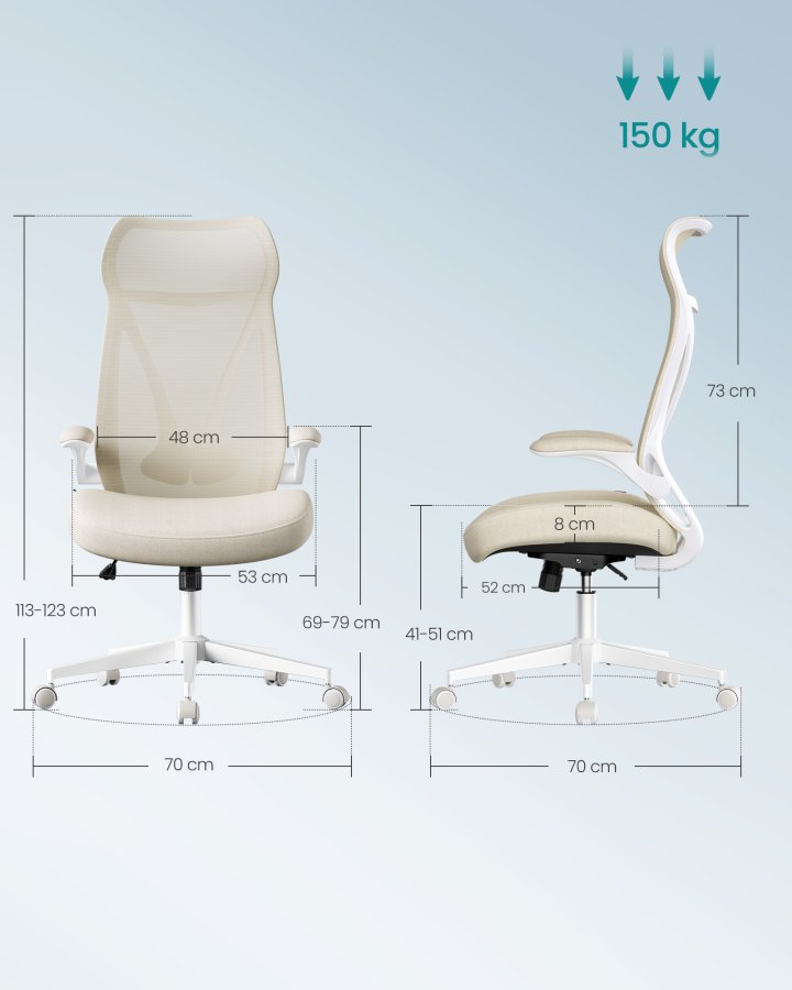 SONGMICS OBN088K01 Kontorsstol, Skrivbordsstol, Ergonomiskt ryggst&ouml;d, H&ouml;jdjusterbart, Hopf&auml;llbara armst&ouml;d, Snurrstol med nackst&ouml;d, Maximal belastning 150 kg, Cappuccino Beige