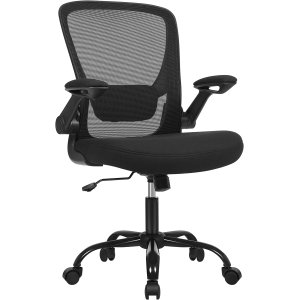 SONGMICS kontorstol, med justerbar korsryggsttte, sammenleggbare armlener, hjul - svart mesh og stoff