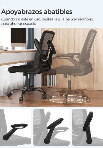 SONGMICS kontorstol, med justerbar korsryggsttte, sammenleggbare armlener, hjul - svart mesh og stoff