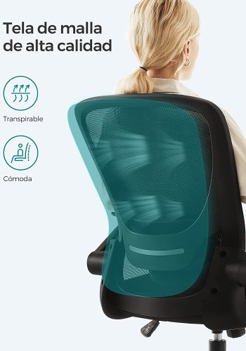 SONGMICS kontorstol, med justerbar korsryggsttte, sammenleggbare armlener, hjul - svart mesh og stoff