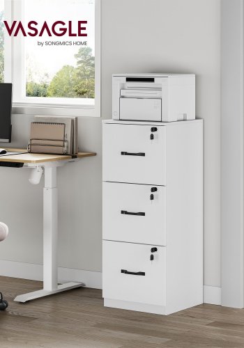 VASAGLE kontorsokkel med 3 skuffer, dokumentoppbevaringsenhet, skriverstativ, 3 l�sbare skuffer, justerbar opphengsskinne, for A4-mapper, Cloud White OFC055W14