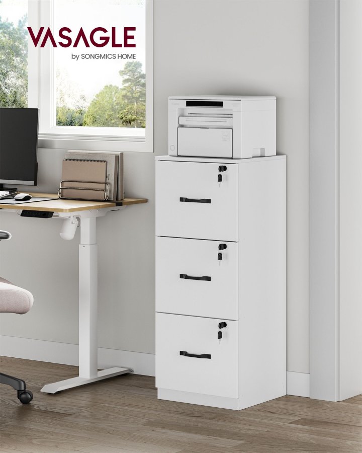 VASAGLE kontorpiedestal med 3 skuffer, dokumentopbevaringsenhed, printerstativ, 3 afl�selige skuffer, justerbar oph�ngningsskinne, til A4-mapper, Cloud White OFC055W14