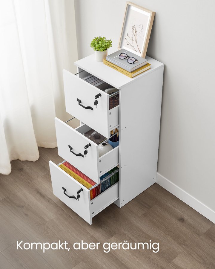 VASAGLE kontorpiedestal med 3 skuffer, dokumentopbevaringsenhed, printerstativ, 3 afl�selige skuffer, justerbar oph�ngningsskinne, til A4-mapper, Cloud White OFC055W14