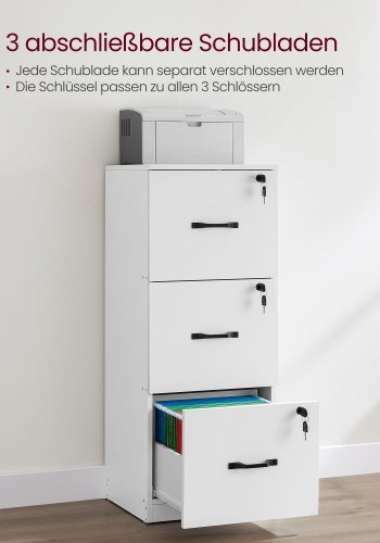 VASAGLE kontorpiedestal med 3 skuffer, dokumentopbevaringsenhed, printerstativ, 3 afl�selige skuffer, justerbar oph�ngningsskinne, til A4-mapper, Cloud White OFC055W14