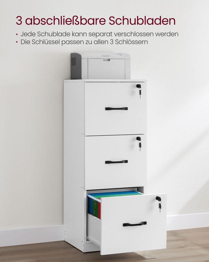 VASAGLE kontorpiedestal med 3 skuffer, dokumentopbevaringsenhed, printerstativ, 3 afl�selige skuffer, justerbar oph�ngningsskinne, til A4-mapper, Cloud White OFC055W14