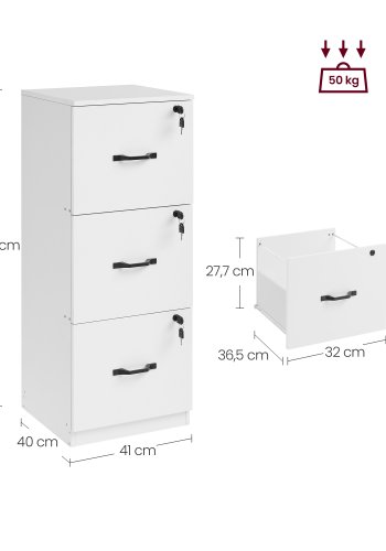 VASAGLE kontorpiedestal med 3 skuffer, dokumentopbevaringsenhed, printerstativ, 3 afl�selige skuffer, justerbar oph�ngningsskinne, til A4-mapper, Cloud White OFC055W14