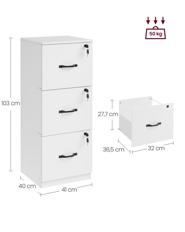 VASAGLE kontorpiedestal med 3 skuffer, dokumentopbevaringsenhed, printerstativ, 3 afl�selige skuffer, justerbar oph�ngningsskinne, til A4-mapper, Cloud White OFC055W14