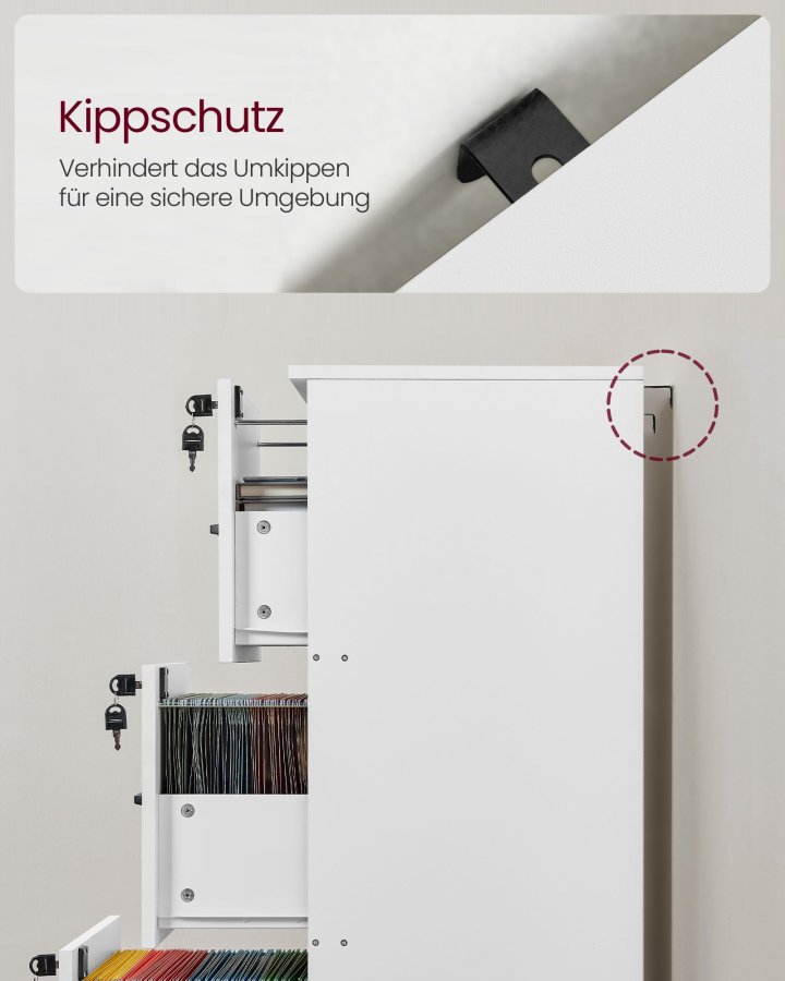 VASAGLE kontorpiedestal med 3 skuffer, dokumentopbevaringsenhed, printerstativ, 3 afl�selige skuffer, justerbar oph�ngningsskinne, til A4-mapper, Cloud White OFC055W14