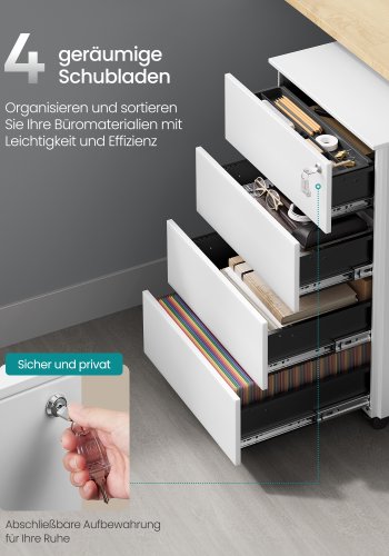 SONGMICS Mobilt arkivskab, afl�seligt, med 4 skuffer, til dokumenter, papirvarer, pr�monteret, til kontor, hjemmekontor, 39 x 45 x 69,3 cm, Cloud White OFC064W14