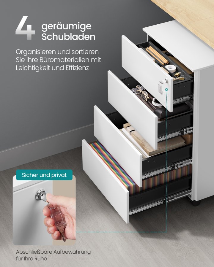 SONGMICS Mobilt arkivskab, afl�seligt, med 4 skuffer, til dokumenter, papirvarer, pr�monteret, til kontor, hjemmekontor, 39 x 45 x 69,3 cm, Cloud White OFC064W14
