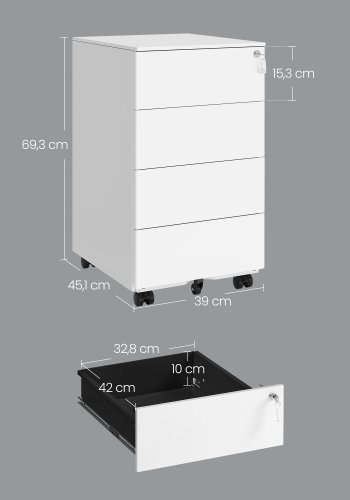 SONGMICS Mobilt arkivskab, afl�seligt, med 4 skuffer, til dokumenter, papirvarer, pr�monteret, til kontor, hjemmekontor, 39 x 45 x 69,3 cm, Cloud White OFC064W14