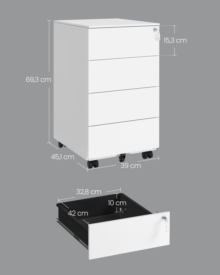SONGMICS Mobilt arkivskab, afl�seligt, med 4 skuffer, til dokumenter, papirvarer, pr�monteret, til kontor, hjemmekontor, 39 x 45 x 69,3 cm, Cloud White OFC064W14