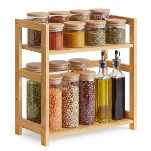 SONGMICS krydderirol, 2-lags bordopbevaringshylde, skrivebordsorganisator med bambusramme, til k�kken, spisestue, kontor, naturlig beige OFS046Y101