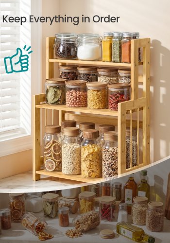 SONGMICS krydderirol, 3-lags bordopbevaringshylde, skrivebordsorganisator med bambusramme, til k�kken, spisestue, kontor, naturlig beige OFS047Y101