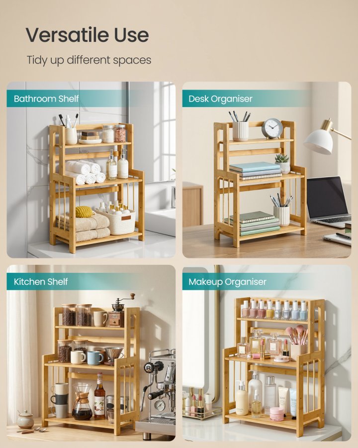SONGMICS krydderirol, 3-lags bordopbevaringshylde, skrivebordsorganisator med bambusramme, til k�kken, spisestue, kontor, naturlig beige OFS047Y101