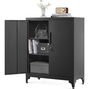 SONGMICS Arkivskab, Multifunktionelt Garageskab, Kontorskab med 2 D�re, L�sbart Skab, St�lopbevaringsskab, Dyb Opbevaring med Hylder, Til Studie, Stue, Sort OMC013B01