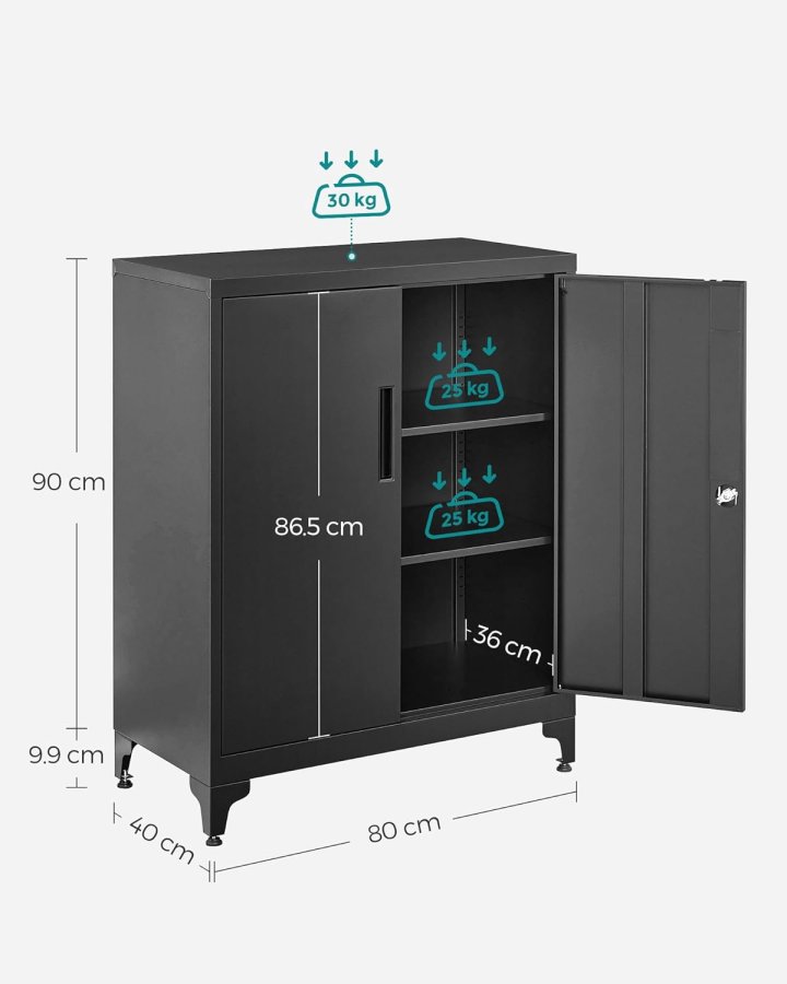 SONGMICS Arkivskab, Multifunktionelt Garageskab, Kontorskab med 2 D�re, L�sbart Skab, St�lopbevaringsskab, Dyb Opbevaring med Hylder, Til Studie, Stue, Sort OMC013B01