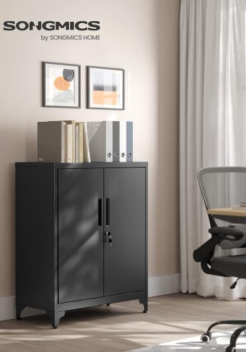 SONGMICS Arkivskab, Multifunktionelt Garageskab, Kontorskab med 2 D�re, L�sbart Skab, St�lopbevaringsskab, Dyb Opbevaring med Hylder, Til Studie, Stue, Sort OMC013B01
