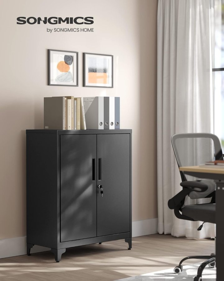 SONGMICS Arkivskab, Multifunktionelt Garageskab, Kontorskab med 2 D�re, L�sbart Skab, St�lopbevaringsskab, Dyb Opbevaring med Hylder, Til Studie, Stue, Sort OMC013B01
