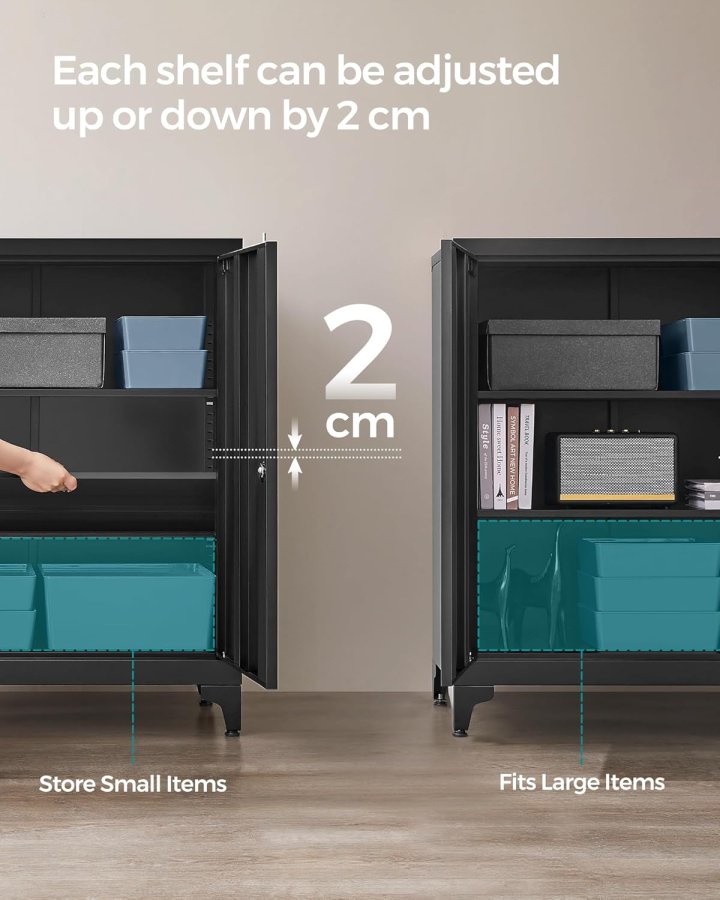 SONGMICS Arkivskab, Multifunktionelt Garageskab, Kontorskab med 2 D�re, L�sbart Skab, St�lopbevaringsskab, Dyb Opbevaring med Hylder, Til Studie, Stue, Sort OMC013B01