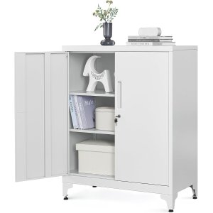 SONGMICS Arkiv, Multifunktionel Garage, Kontor med 2 D�re, Afl�selig, St�lopbevaring, Dyb Opbevaring med Hylder, Til Studie, Stue, Gr� OMC013G01