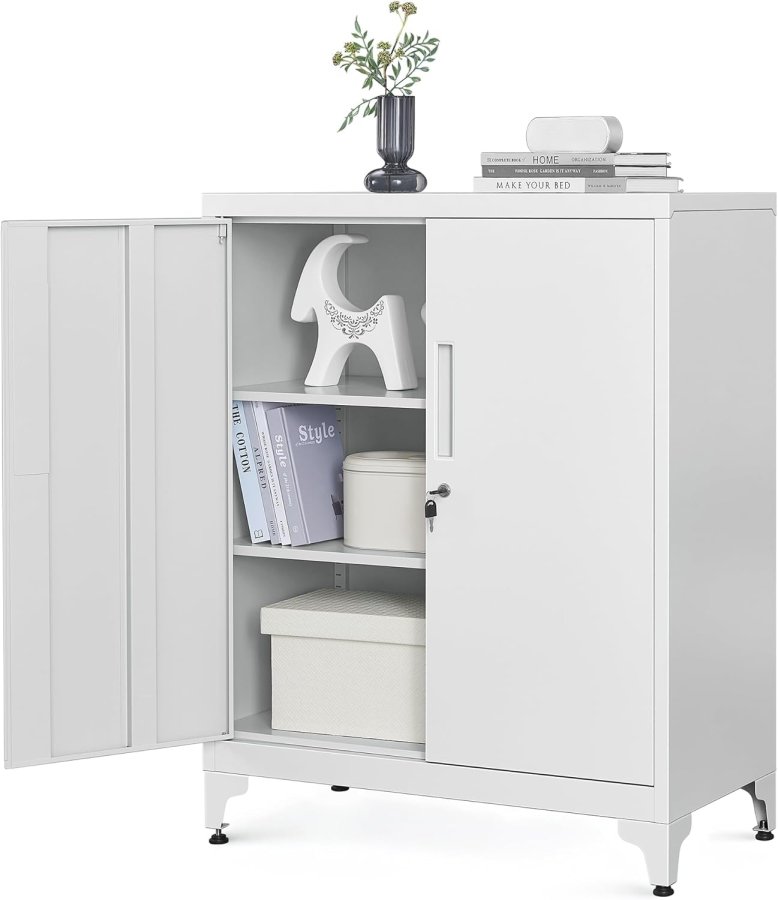 SONGMICS Arkiv, Multifunktionel Garage, Kontor med 2 D�re, Afl�selig, St�lopbevaring, Dyb Opbevaring med Hylder, Til Studie, Stue, Gr� OMC013G01