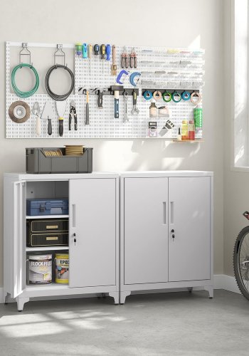 SONGMICS Archive, Multifunktionellt Garage, Kontor med 2 D�rrar, L�sbart, St�lf�rvaring, Djup F�rvaring med Hyllor, F�r Arbetsrum, Vardagsrum, Gr� OMC013G01