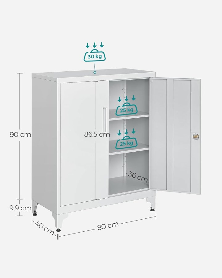 SONGMICS Arkiv, Multifunktionel Garage, Kontor med 2 D�re, Afl�selig, St�lopbevaring, Dyb Opbevaring med Hylder, Til Studie, Stue, Gr� OMC013G01