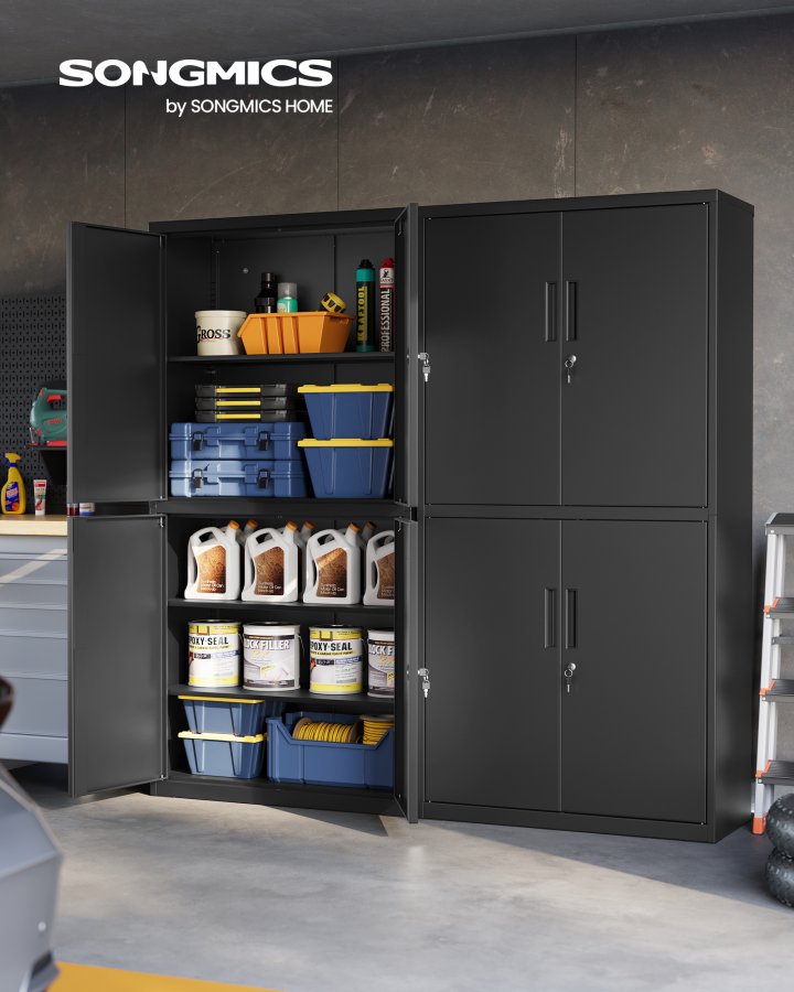 SONGMICS OMC016B01 Multifunktionelt kontorskab med 4 d�re og 5 niveauer, 40 x 80 x 180 cm, 2 l�se, justerbare hylder, st�lopbevaringsskab, matsort