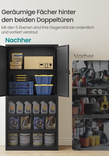 SONGMICS OMC016B01 Multifunktionelt kontorskab med 4 d�re og 5 niveauer, 40 x 80 x 180 cm, 2 l�se, justerbare hylder, st�lopbevaringsskab, matsort