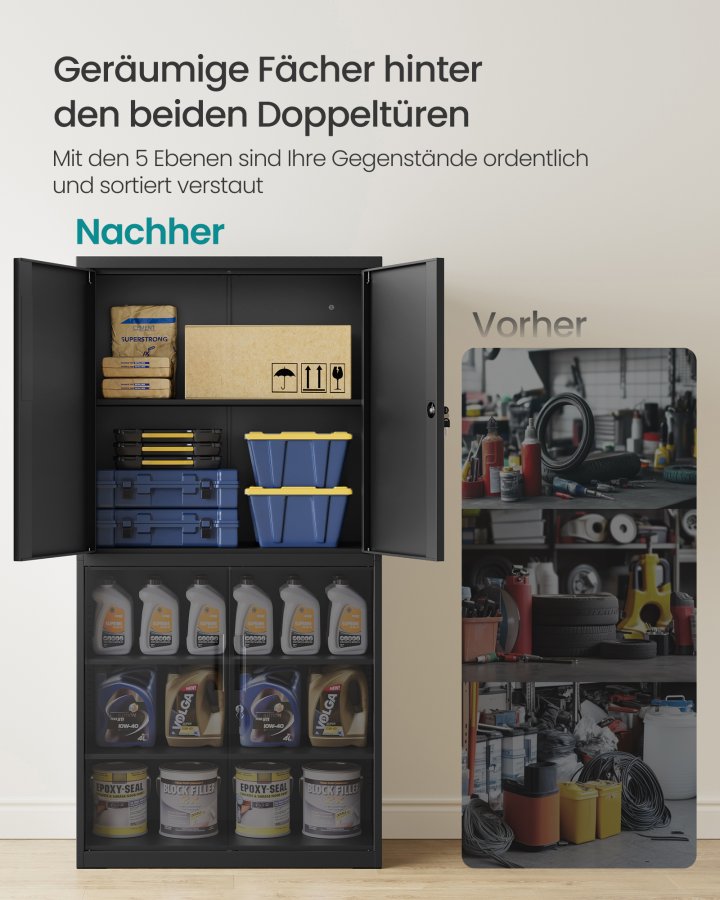 SONGMICS OMC016B01 Multifunktionelt kontorskab med 4 d�re og 5 niveauer, 40 x 80 x 180 cm, 2 l�se, justerbare hylder, st�lopbevaringsskab, matsort