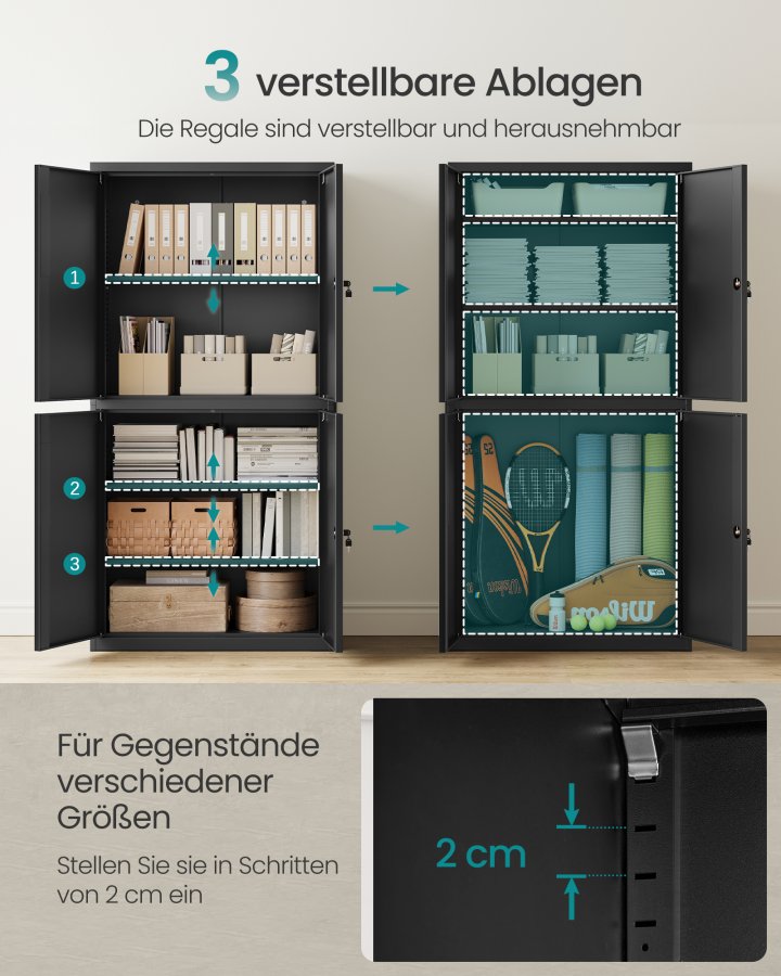 SONGMICS OMC016B01 Multifunktionelt kontorskab med 4 d�re og 5 niveauer, 40 x 80 x 180 cm, 2 l�se, justerbare hylder, st�lopbevaringsskab, matsort