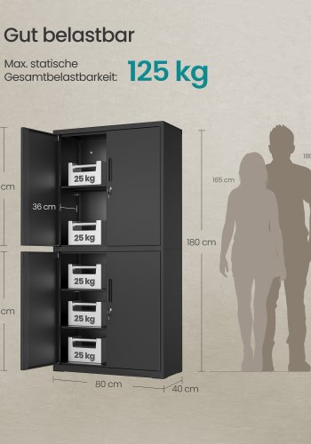 SONGMICS OMC016B01 Multifunktionelt kontorskab med 4 d�re og 5 niveauer, 40 x 80 x 180 cm, 2 l�se, justerbare hylder, st�lopbevaringsskab, matsort