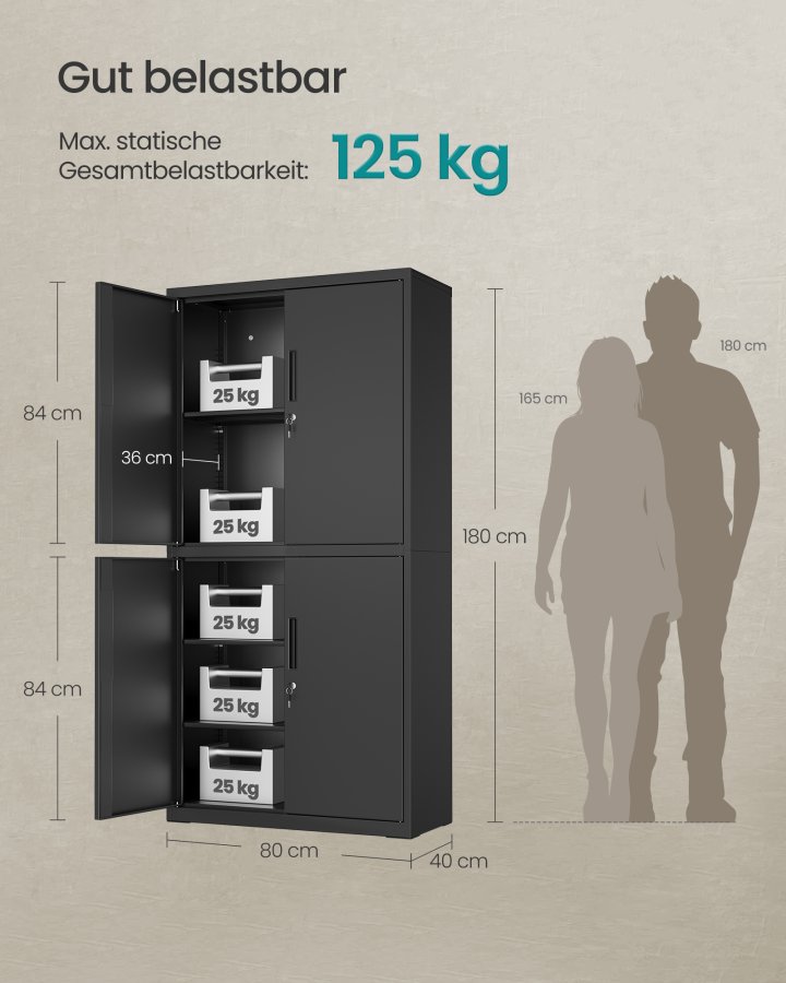 SONGMICS OMC016B01 Multifunktionelt kontorskab med 4 d�re og 5 niveauer, 40 x 80 x 180 cm, 2 l�se, justerbare hylder, st�lopbevaringsskab, matsort