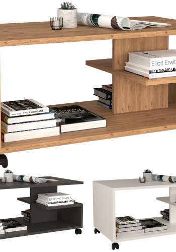 VCM NORDIC Olu salongbord, m. 1 hylle og hjul - hvitt tre (90x50)