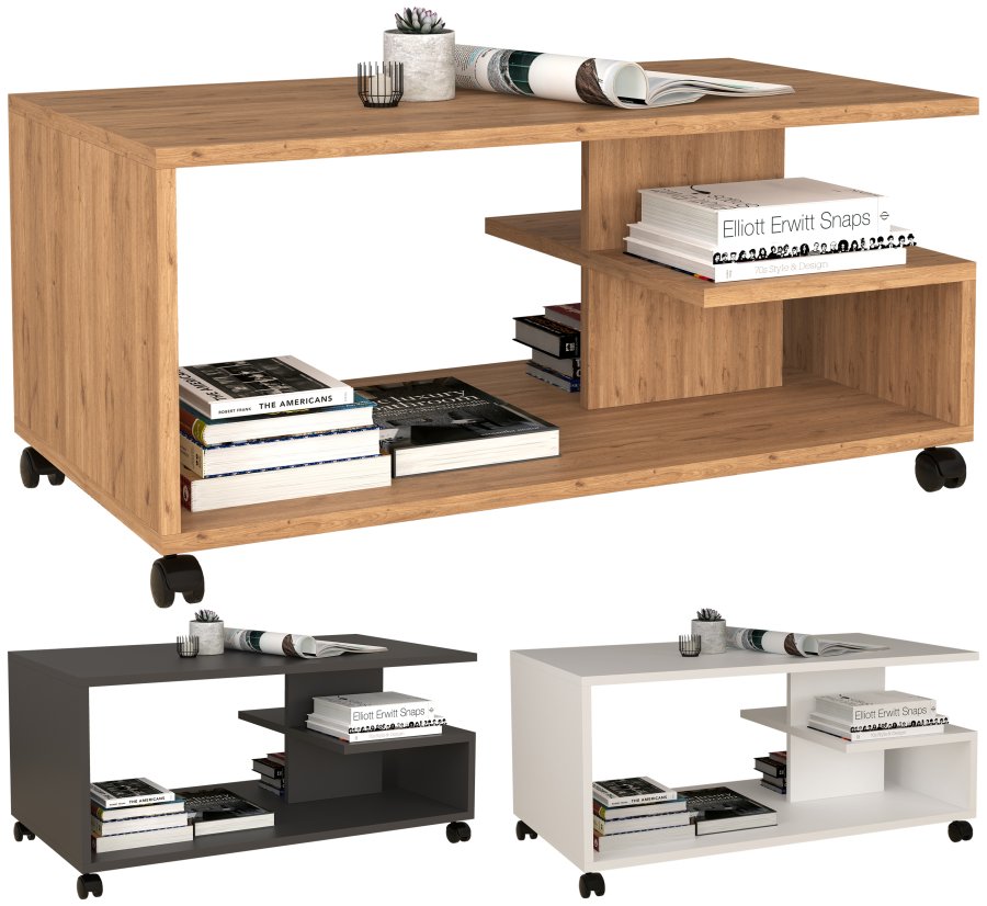 VCM NORDIC Olu salongbord, m. 1 hylle og hjul - hvitt tre (90x50)