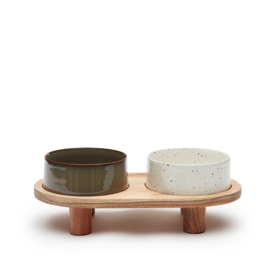 KAVE HOME Dumbi drikke- og matskler for kjledyr med stativ - flerfarget keramikk/akasie (sett med 2)