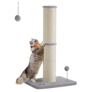FEANDREA Kradsetr� til Katte, 89 cm h�jt kradsetr� til mellemstore og store katte, sisal kradsetr�, fjederpompon med indbygget klokke, duegr� UPCA041G01