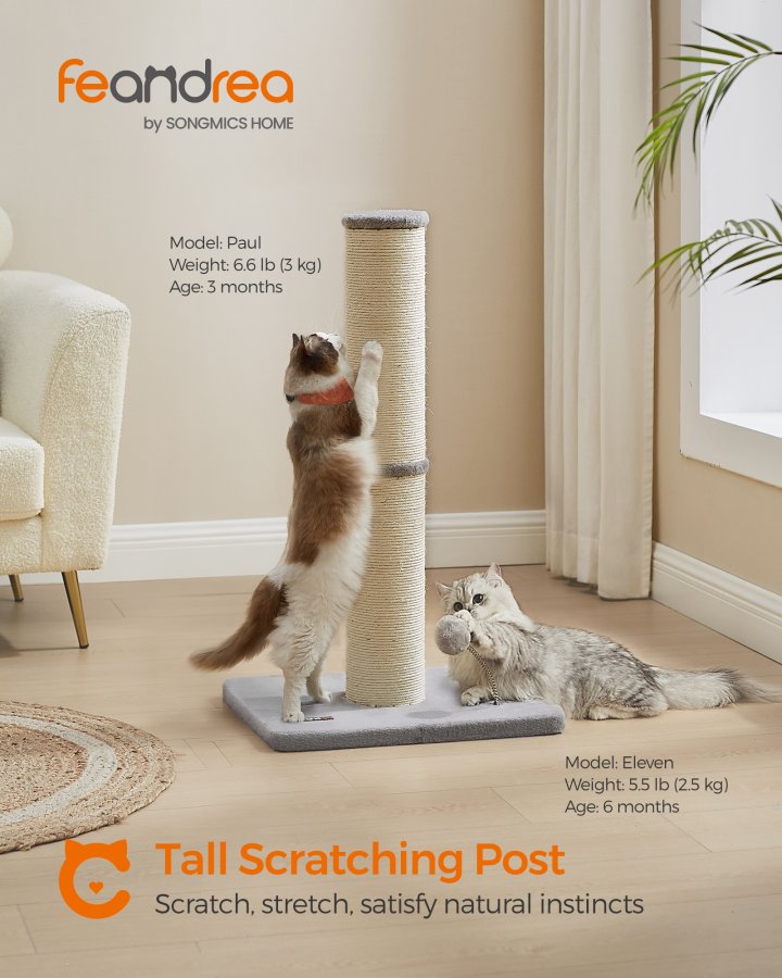 FEANDREA Kradsetr� til Katte, 89 cm h�jt kradsetr� til mellemstore og store katte, sisal kradsetr�, fjederpompon med indbygget klokke, duegr� UPCA041G01