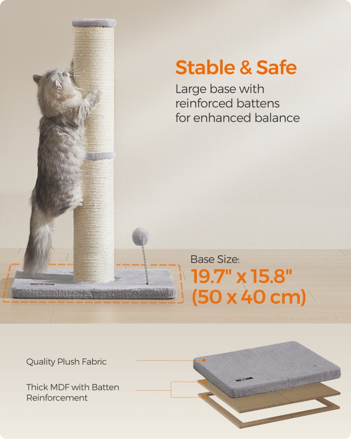 FEANDREA Kradsetr� til Katte, 89 cm h�jt kradsetr� til mellemstore og store katte, sisal kradsetr�, fjederpompon med indbygget klokke, duegr� UPCA041G01
