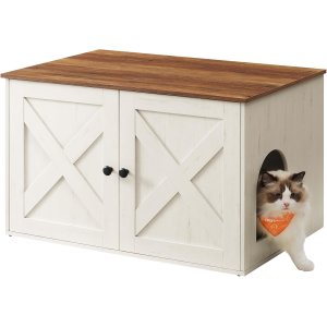 FEANDREA kattebakke, skjult kattebakkem�bel med aftagelig skillev�g, indend�rs kattehus, sidebord, 89 x 51 x 49 cm, honningbrun og rustik hvid UPCL002P01