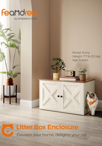 FEANDREA UPCL002P01 kattebakkeskab til kattebakke, m. 2 l�ger, aftagelig skillev�g - honningbrun/rustik hvid sp�nplade/MDF