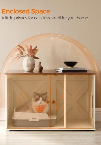 FEANDREA kattebakke, skjult kattebakkem�bel med aftagelig skillev�g, indend�rs kattehus, sidebord, 89 x 51 x 49 cm, honningbrun og rustik hvid UPCL002P01