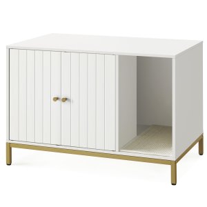 FEANDREA kattebakke, skjult kattebakkem�bel med kradsem�tte, h�je ben, kattehus, sidebord, 80 x 50 x 55 cm, hvid og guld PCL007W01V1