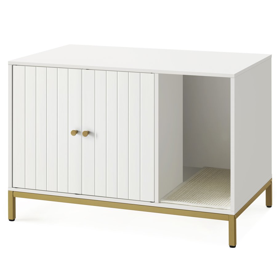 FEANDREA kattebakke, skjult kattebakkem�bel med kradsem�tte, h�je ben, kattehus, sidebord, 80 x 50 x 55 cm, hvid og guld PCL007W01V1