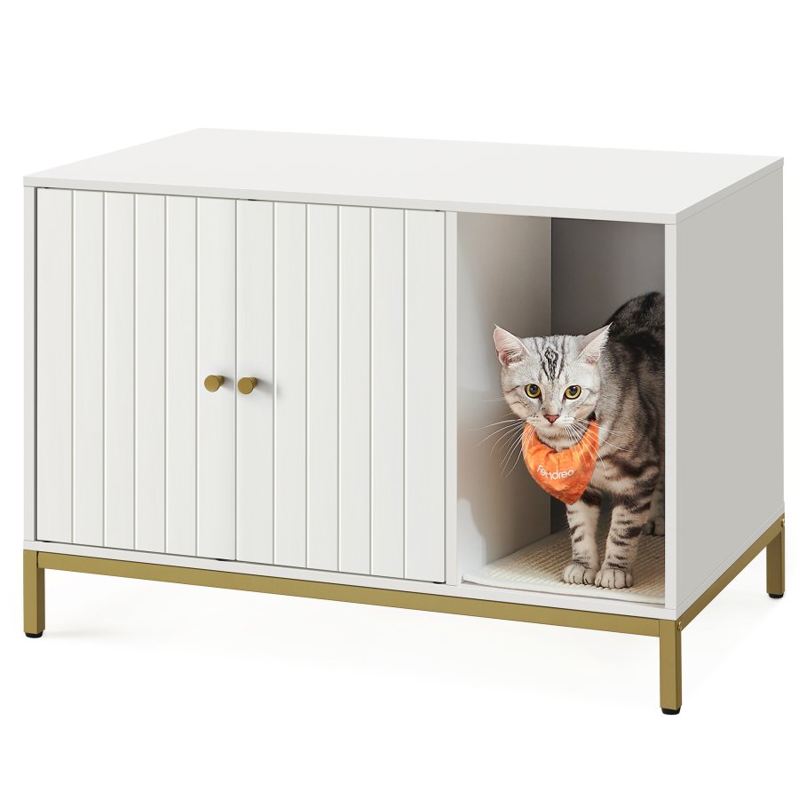FEANDREA kattebakke, skjult kattebakkem�bel med kradsem�tte, h�je ben, kattehus, sidebord, 80 x 50 x 55 cm, hvid og guld PCL007W01V1